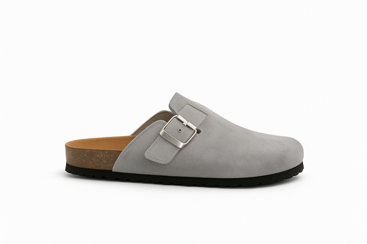 Grey uni-sex clogs.