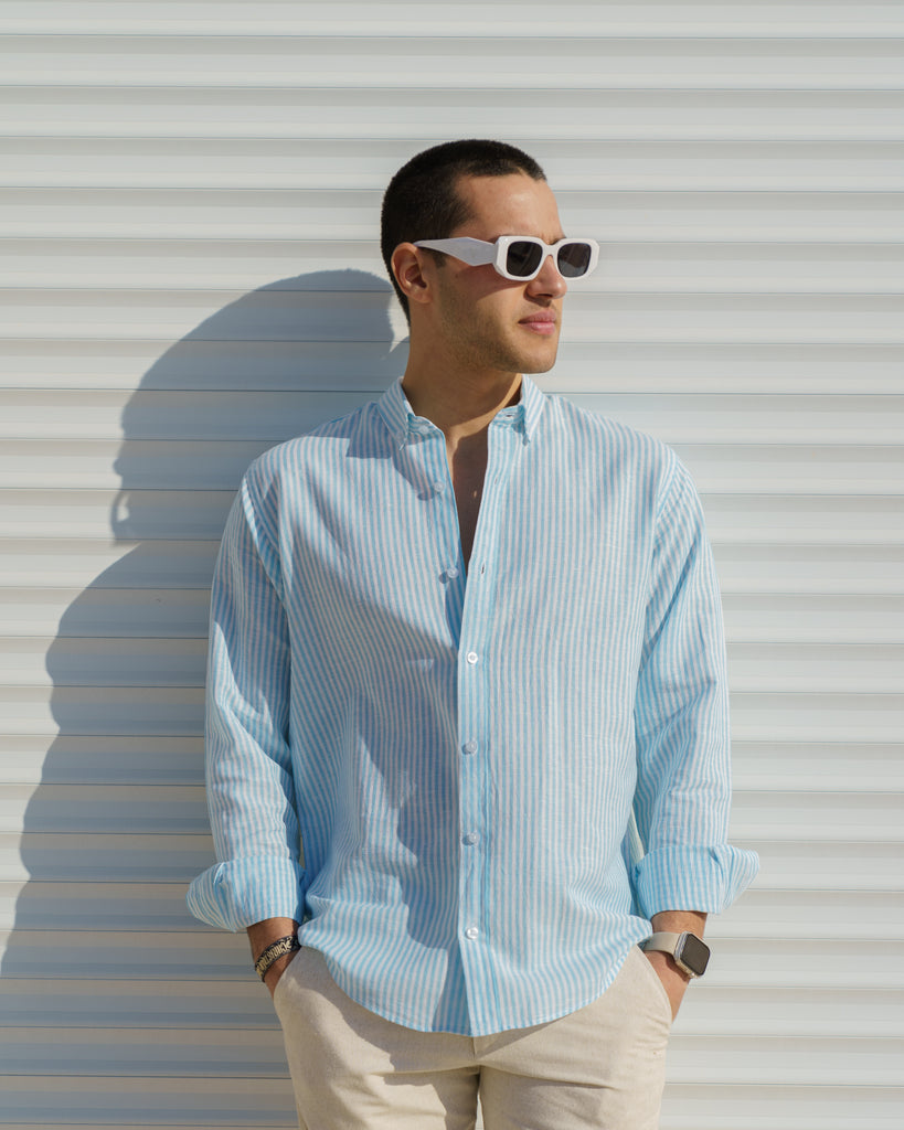 Baby blue x white linen shirt